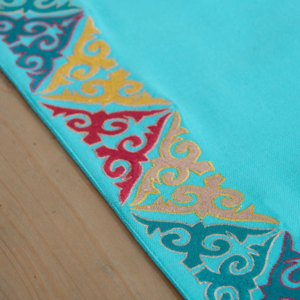 Kashidakaari Turquoise Table Runner | Geometric Border Embroidery | Cotton | 4 & 6 Seater