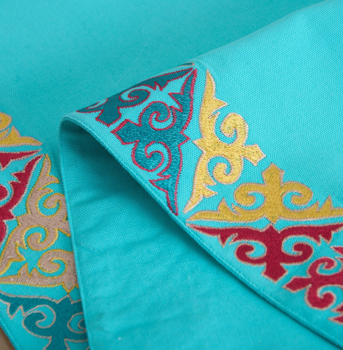 Kashidakaari Turquoise Table Runner | Geometric Border Embroidery | Cotton | 4 & 6 Seater