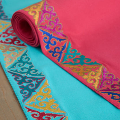 Kashidakaari Coral Red Table Runner | Geometric Border Embroidery | Cotton | 4 & 6 Seater