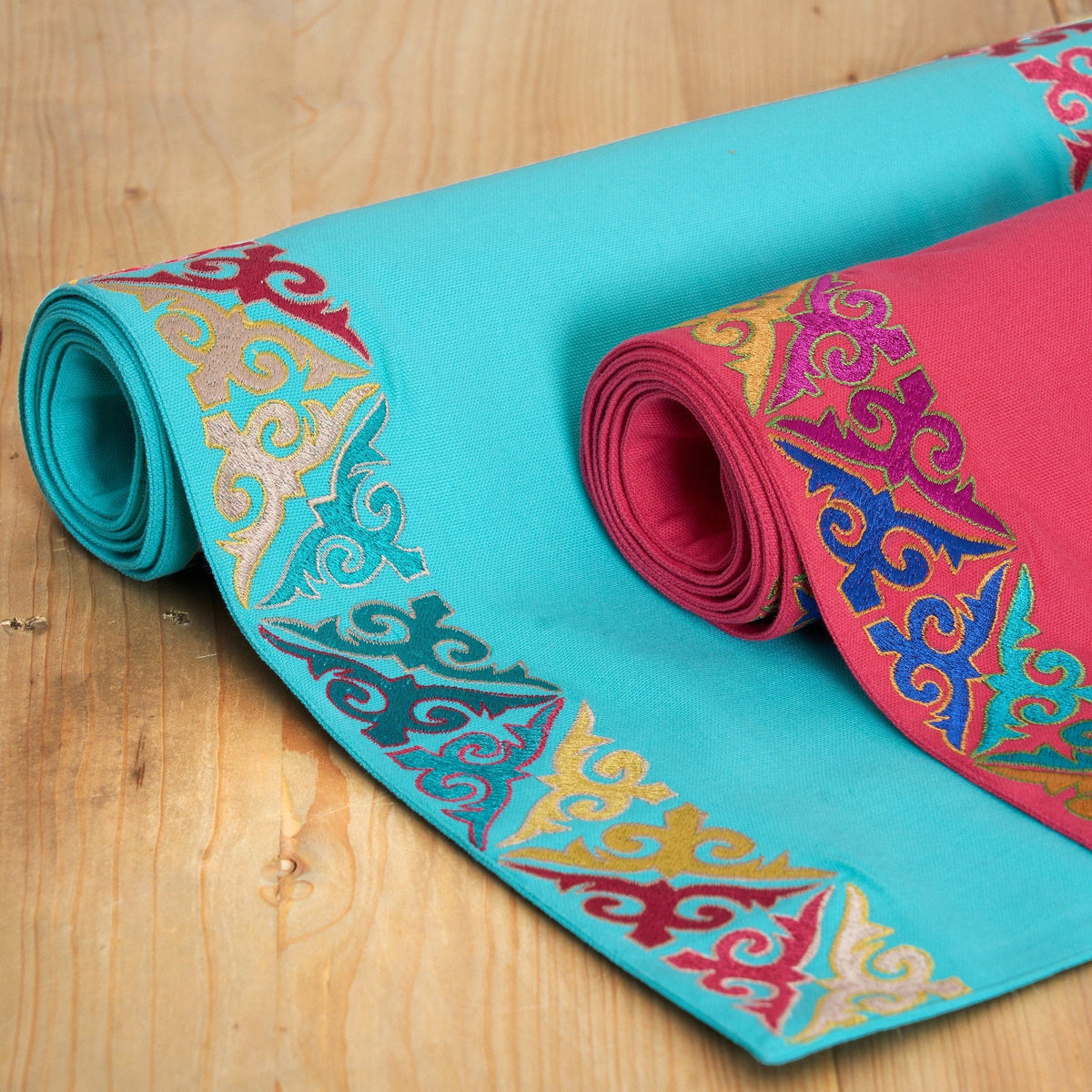 Kashidakaari Turquoise Table Runner | Geometric Border Embroidery | Cotton | 4 & 6 Seater
