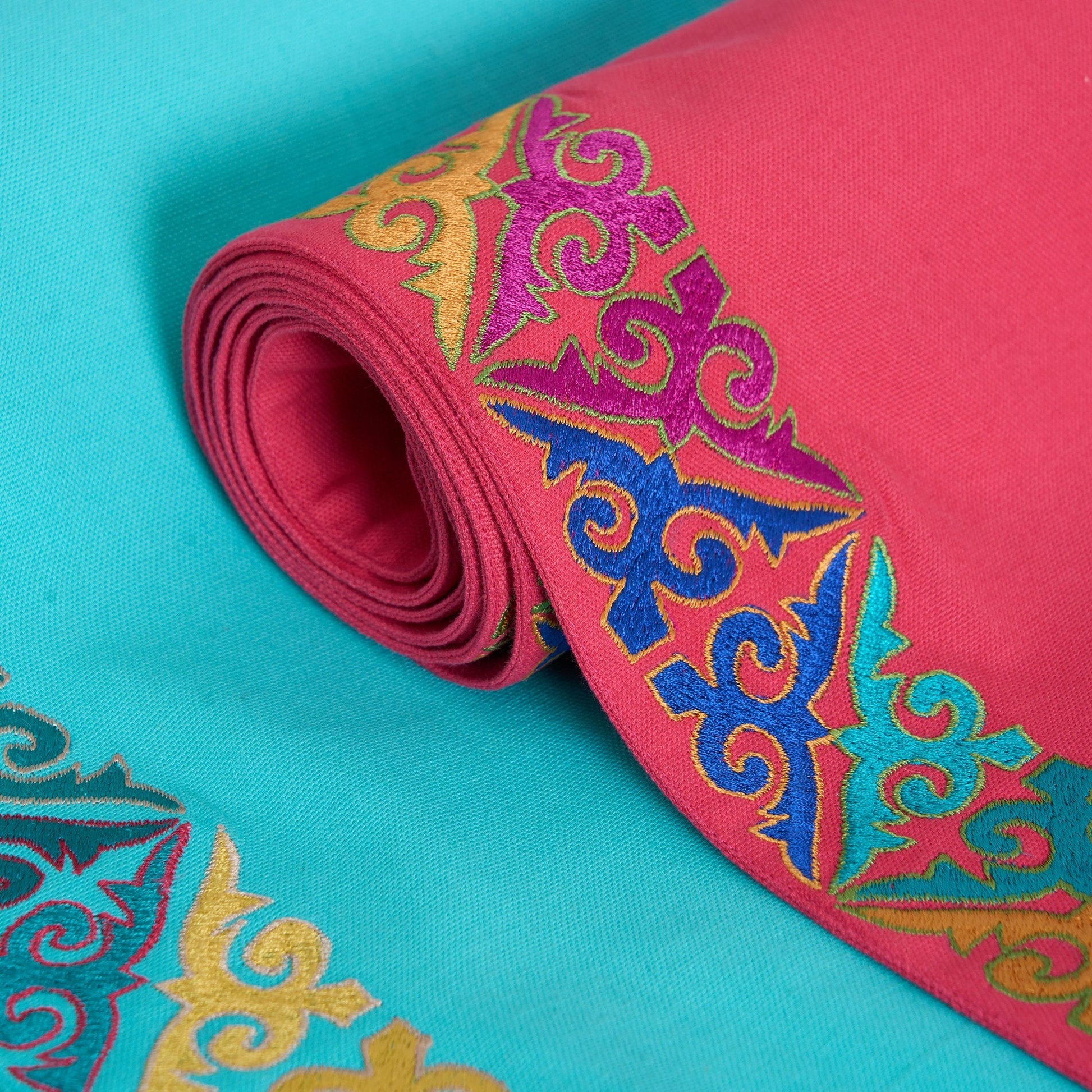 Coral Red Handcrafted Cotton Table Runner with Embroidered Border