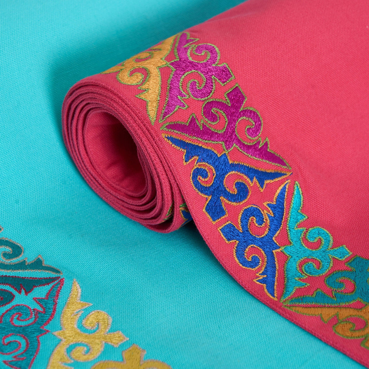 Kashidakaari Coral Red Table Runner | Geometric Border Embroidery | Cotton | 4 & 6 Seater