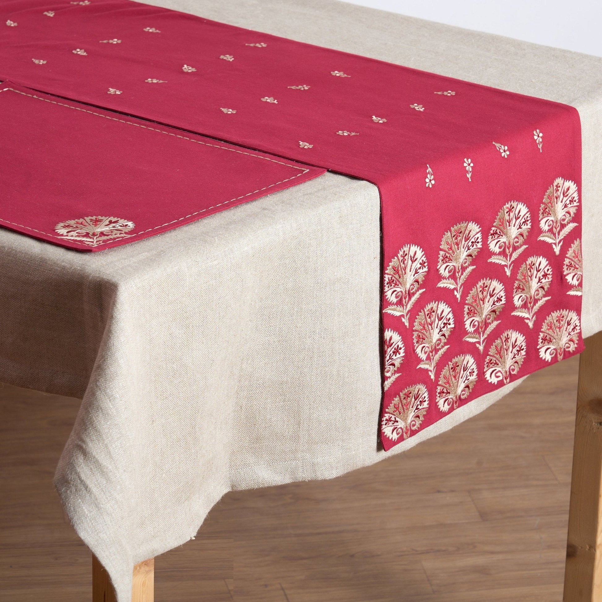 Maroon Suzani Embroidered Cotton Table Mat Set – Floral Elegance