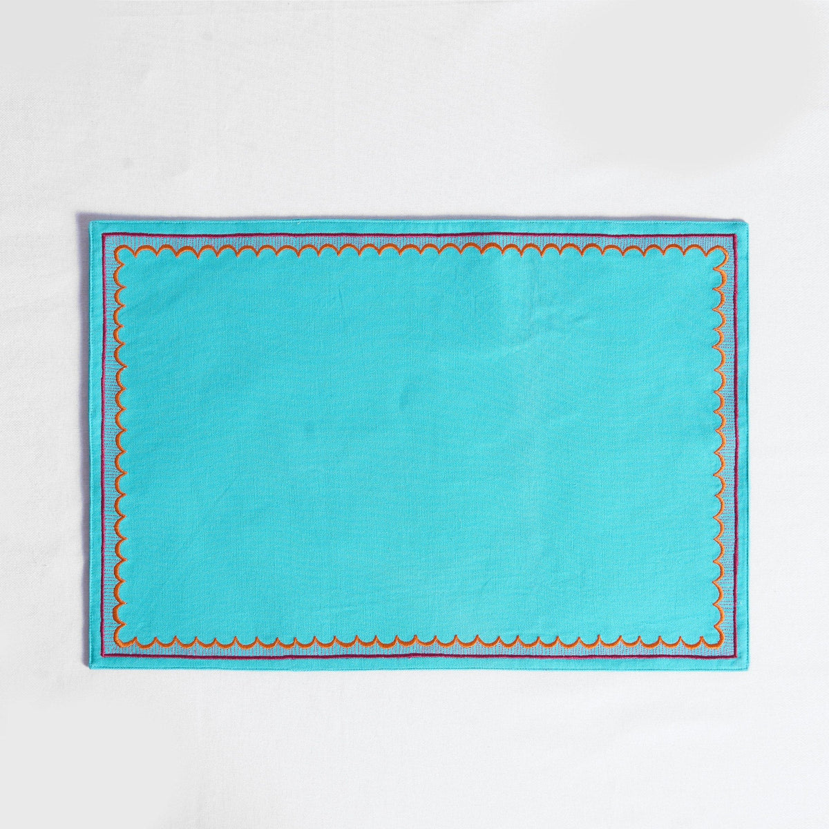 Kashidakaari Turquoise Placemat | Embroidered Scallop Border | Suzani-Inspired | 100% Cotton