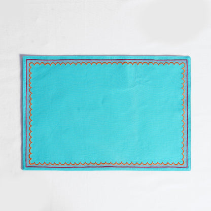 Kashidakaari Turquoise Placemat | Embroidered Scallop Border | Suzani-Inspired | 100% Cotton
