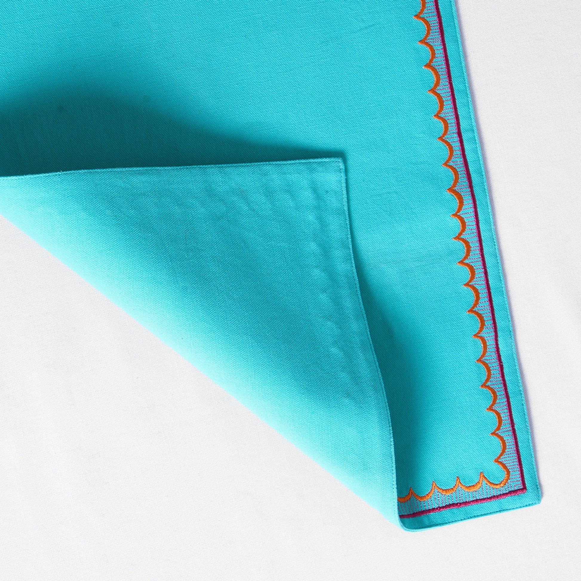 Kashidakaari Turquoise Embroidered Scallop Placemat Set – 2 4 6 Pieces