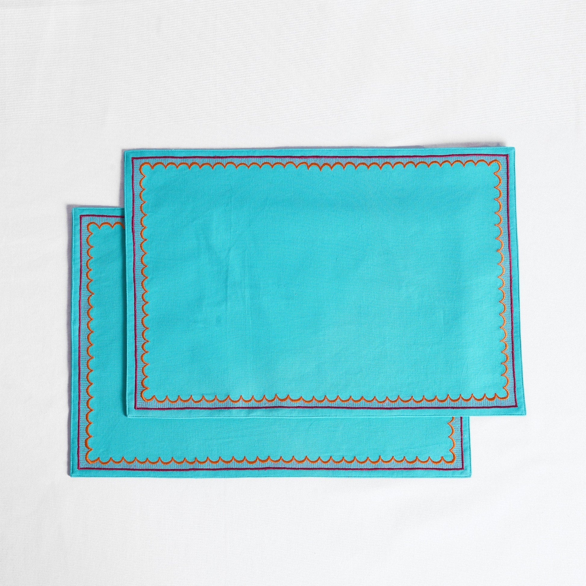 Kashidakaari Turquoise Embroidered Scallop Placemat Set – 2 4 6 Pieces