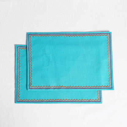 Kashidakaari Turquoise Placemat | Embroidered Scallop Border | Suzani-Inspired | 100% Cotton