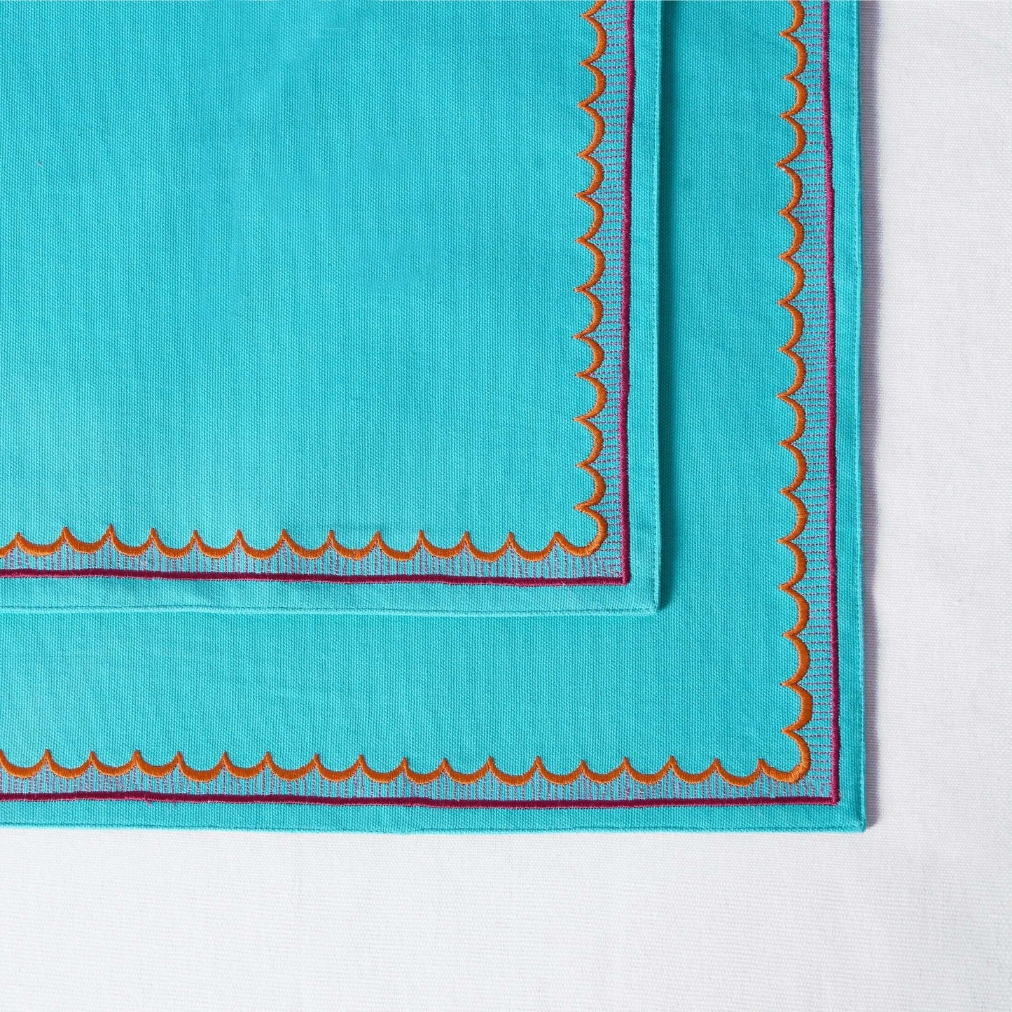 Kashidakaari Turquoise Embroidered Scallop Placemat Set – 2 4 6 Pieces