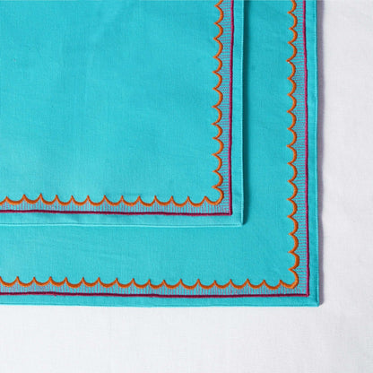 Kashidakaari Turquoise Placemat | Embroidered Scallop Border | Suzani-Inspired | 100% Cotton