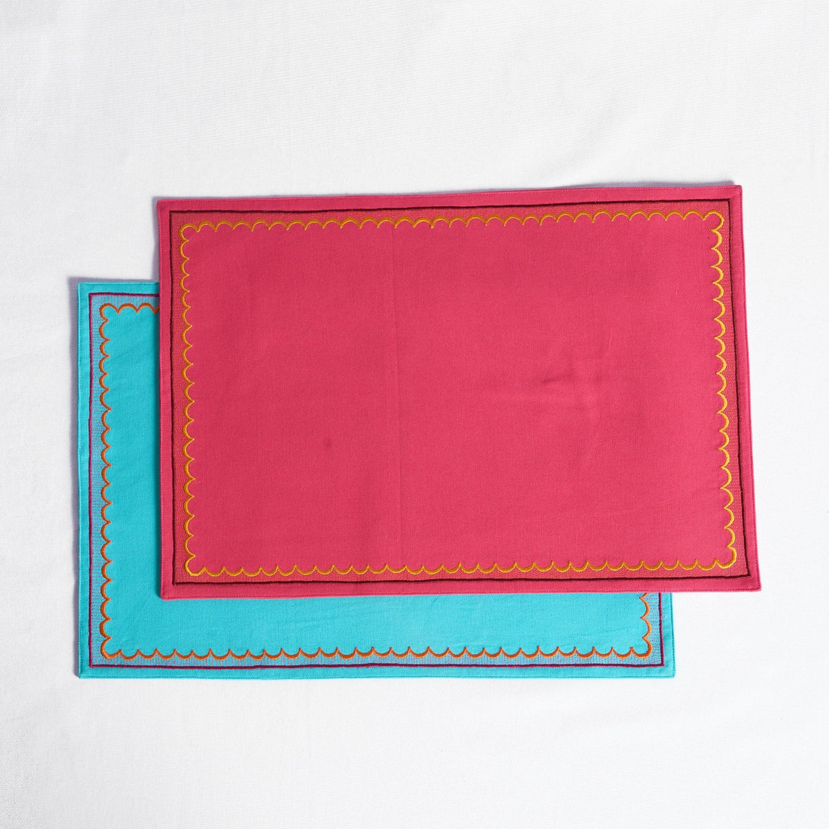 Kashidakaari Coral Red Placemat | Embroidered Scallop Border | Suzani-Inspired | 100% Cotton