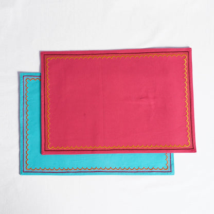 Kashidakaari Coral Red Placemat | Embroidered Scallop Border | Suzani-Inspired | 100% Cotton