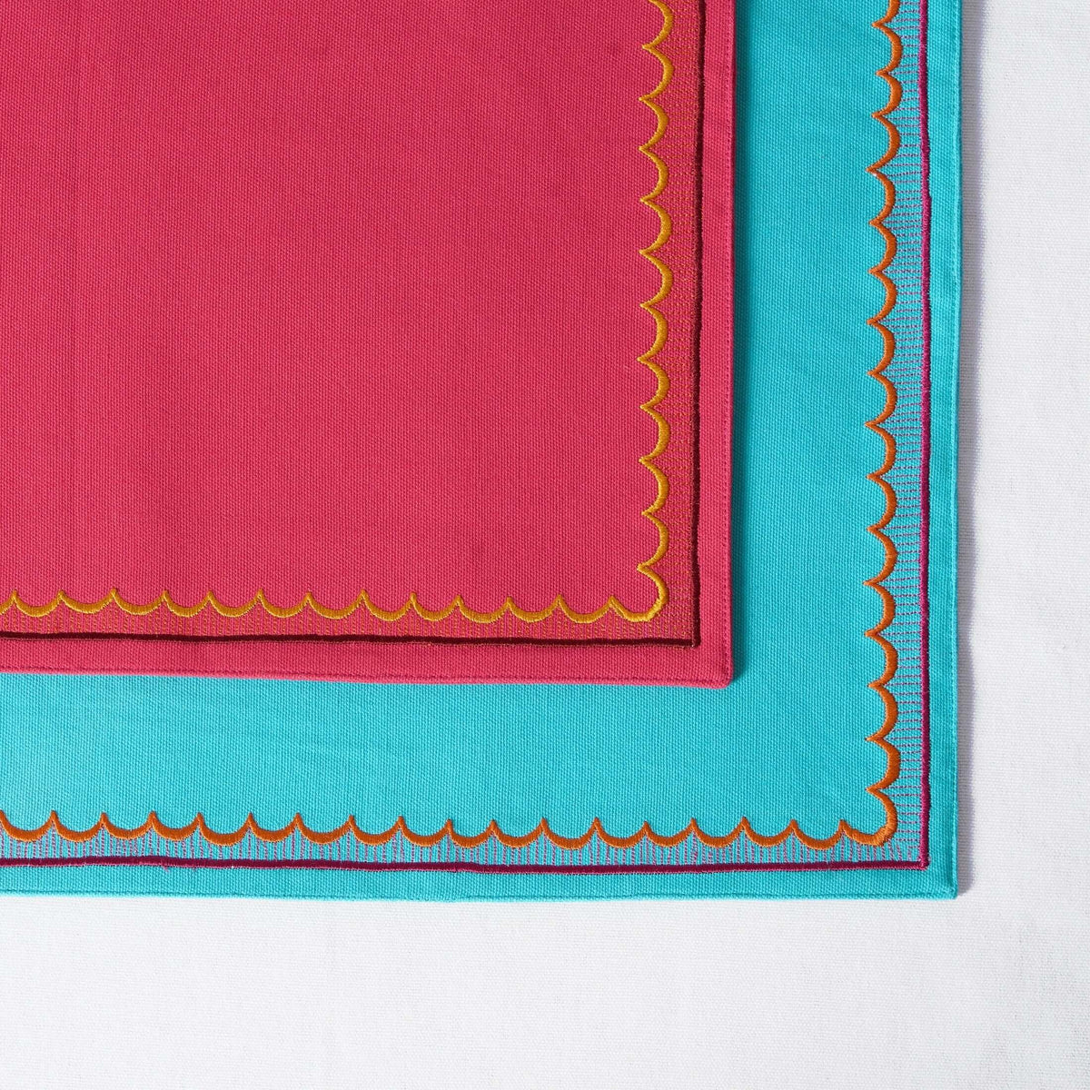 Kashidakaari Turquoise Placemat | Embroidered Scallop Border | Suzani-Inspired | 100% Cotton