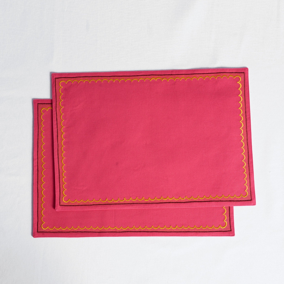 Kashidakaari Coral Red Placemat | Embroidered Scallop Border | Suzani-Inspired | 100% Cotton