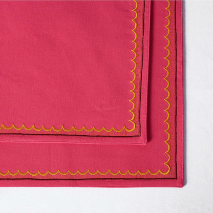 Kashidakaari Coral Red Placemat | Embroidered Scallop Border | Suzani-Inspired | 100% Cotton