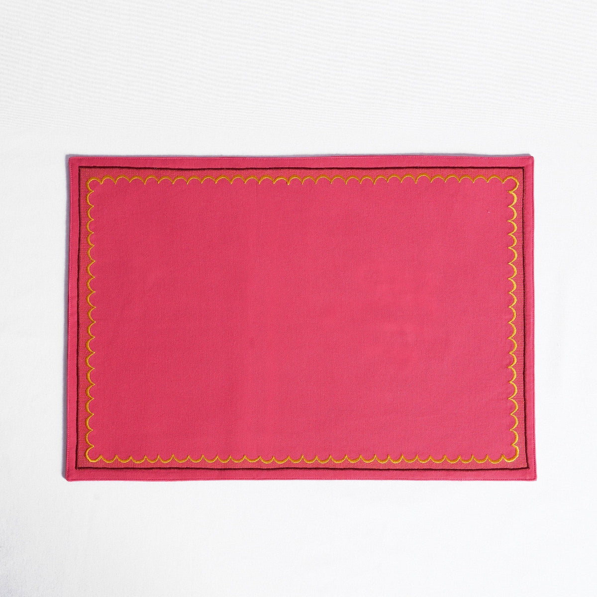 Kashidakaari Coral Red Placemat | Embroidered Scallop Border | Suzani-Inspired | 100% Cotton
