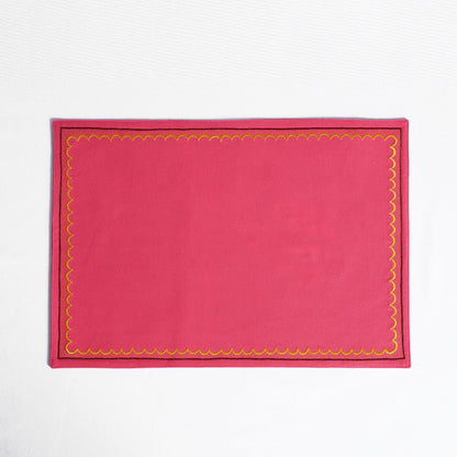 Kashidakaari Coral Red Placemat | Embroidered Scallop Border | Suzani-Inspired | 100% Cotton