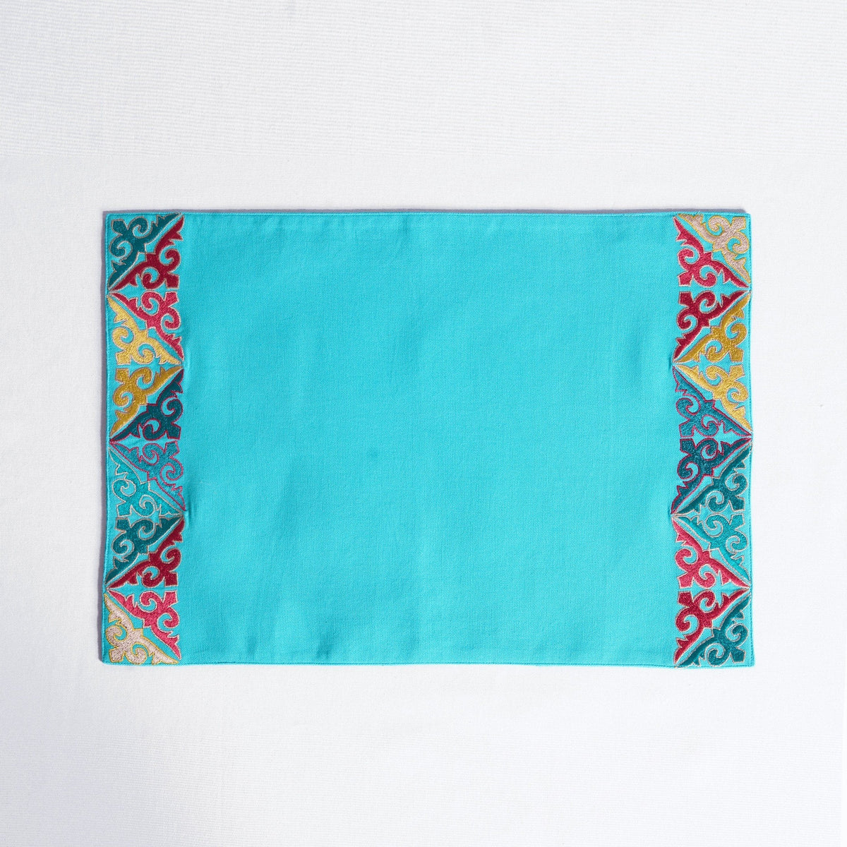 Kashidakaari Turquoise Placemat | Embroidered Geometric Border | Shyrdak-Inspired | 100% Cotton