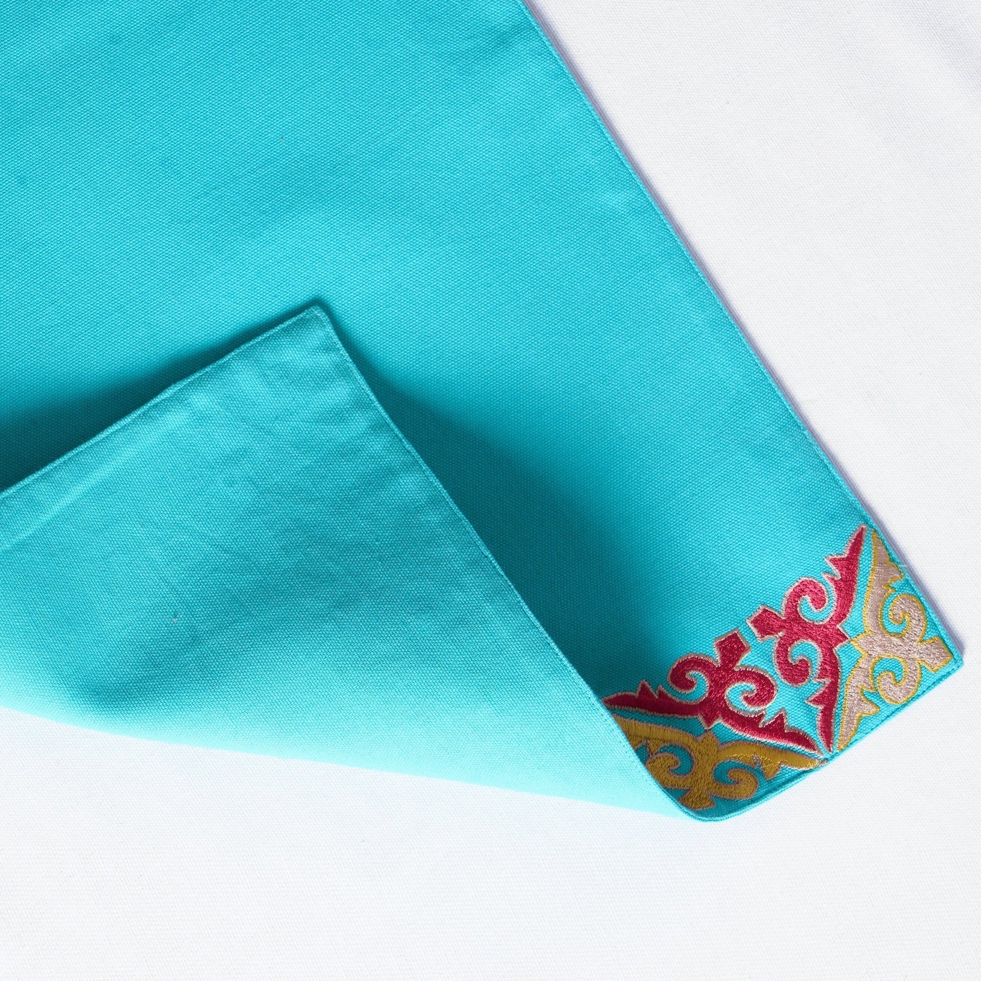 Turquoise Embroidered Geometric Placemat Set Handcrafted Vibrant Cotton