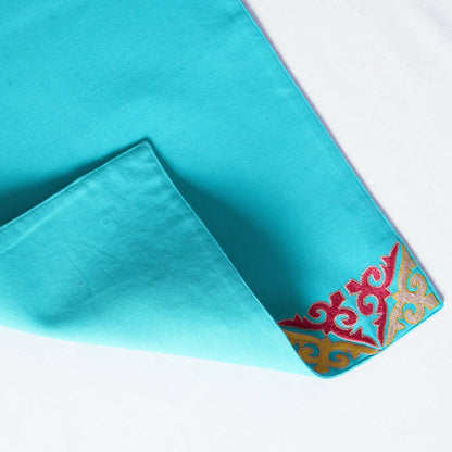 Turquoise Embroidered Geometric Placemat Set Handcrafted Vibrant Cotton