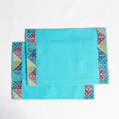 Turquoise Embroidered Geometric Placemat Set Handcrafted Vibrant Cotton
