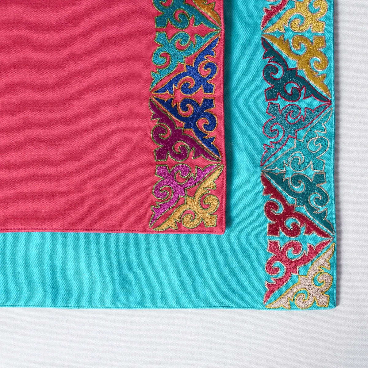 Kashidakaari Coral Red Placemat | Embroidered Geometric Border | Shyrdak-Inspired | 100% Cotton