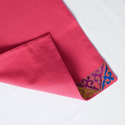 Coral Red Hand‑Embroidered Cotton Placemat Set – Geometric Shyrdak Design