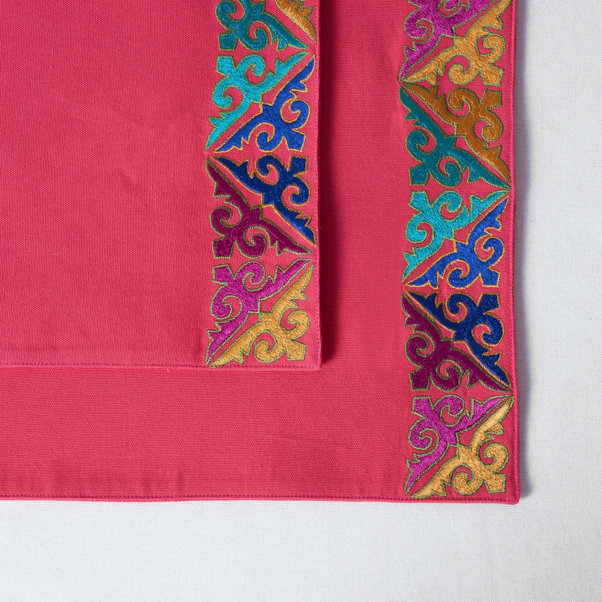 Coral Red Hand‑Embroidered Cotton Placemat Set – Geometric Shyrdak Design
