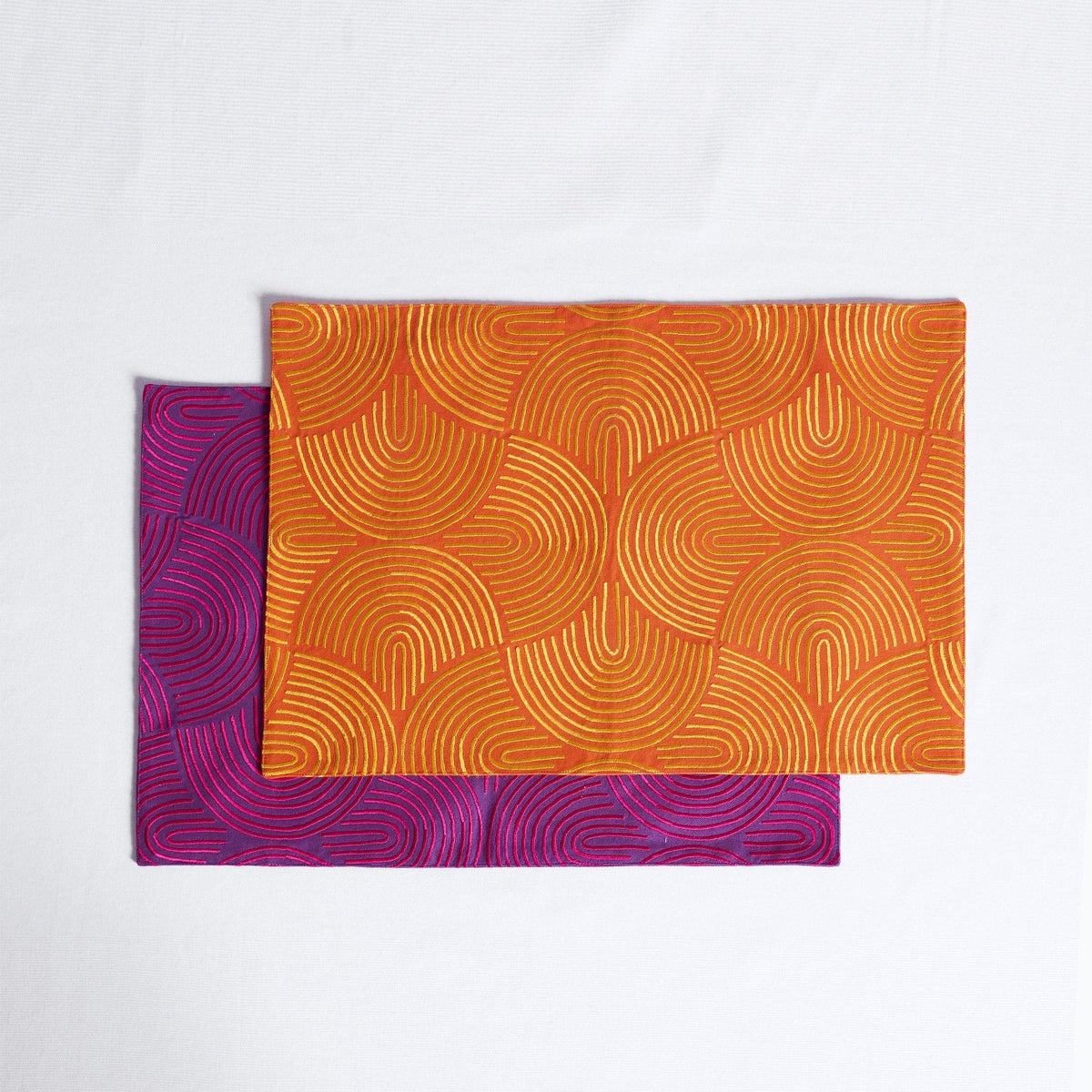 Kashidakaari Tangerine Placemat | Modern Retro Geometric Embroidery | 100% Cotton