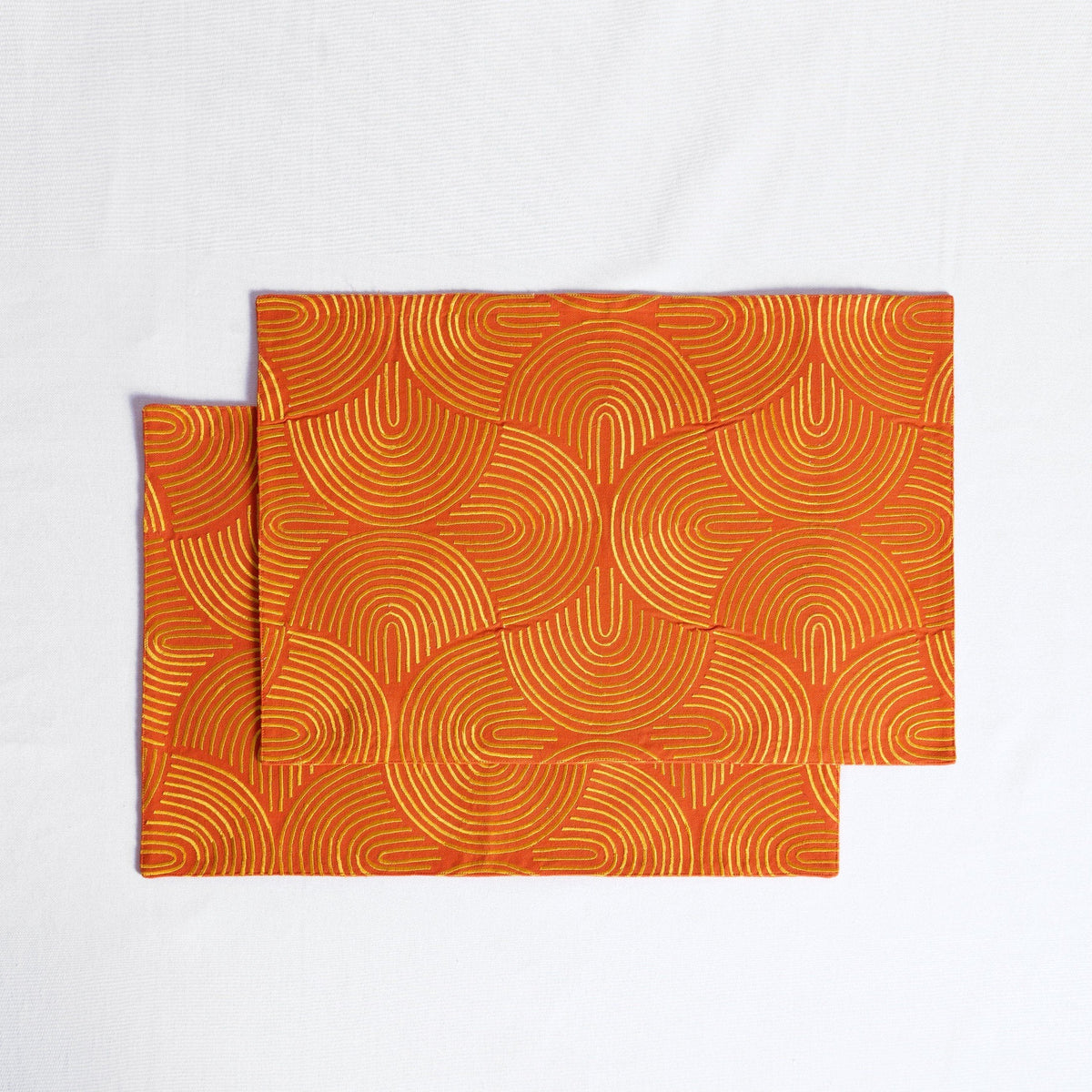 Kashidakaari Tangerine Placemat | Modern Retro Geometric Embroidery | 100% Cotton