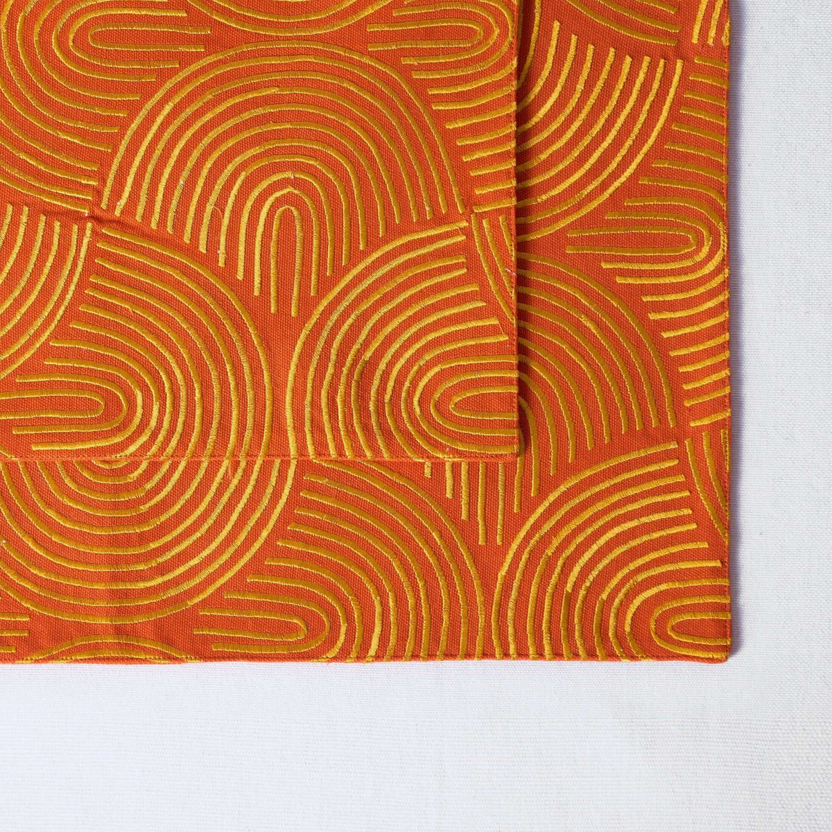 Kashidakaari Tangerine Placemat | Modern Retro Geometric Embroidery | 100% Cotton