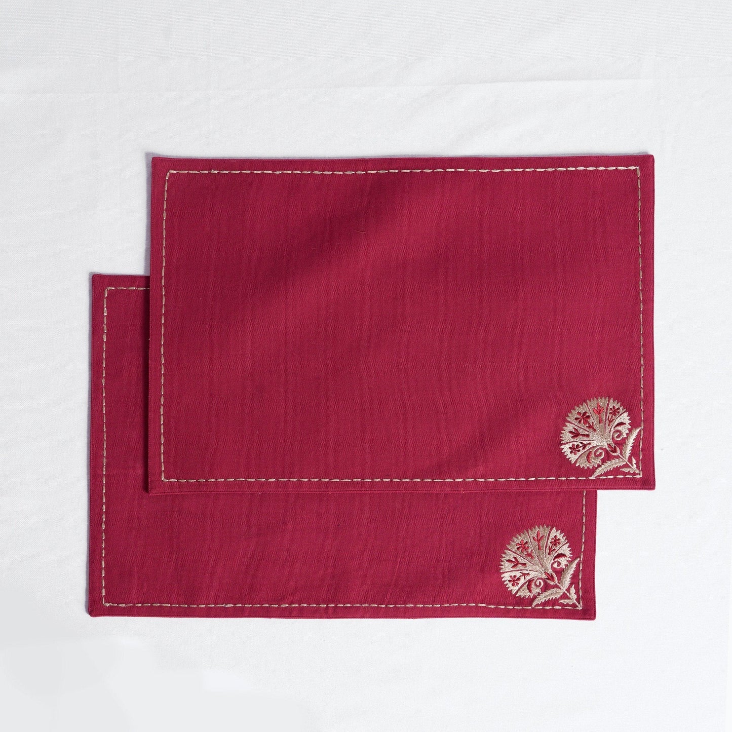 Maroon Suzani Embroidered Cotton Table Mat Set – Floral Elegance
