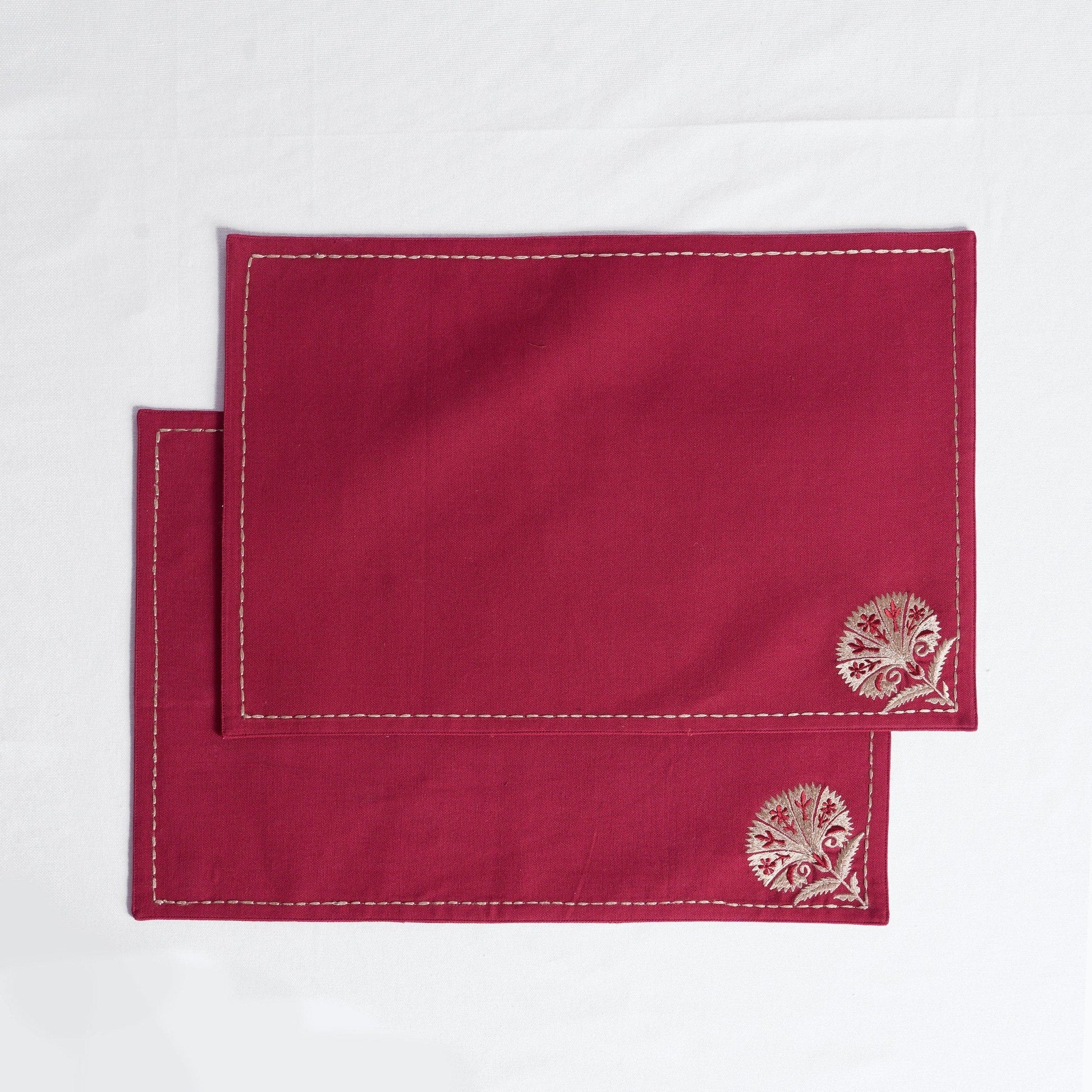Maroon Suzani Embroidered Cotton Table Mat Set – Floral Elegance
