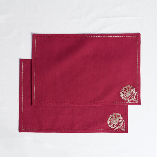 Maroon Suzani Embroidered Cotton Table Mat Set – Floral Elegance