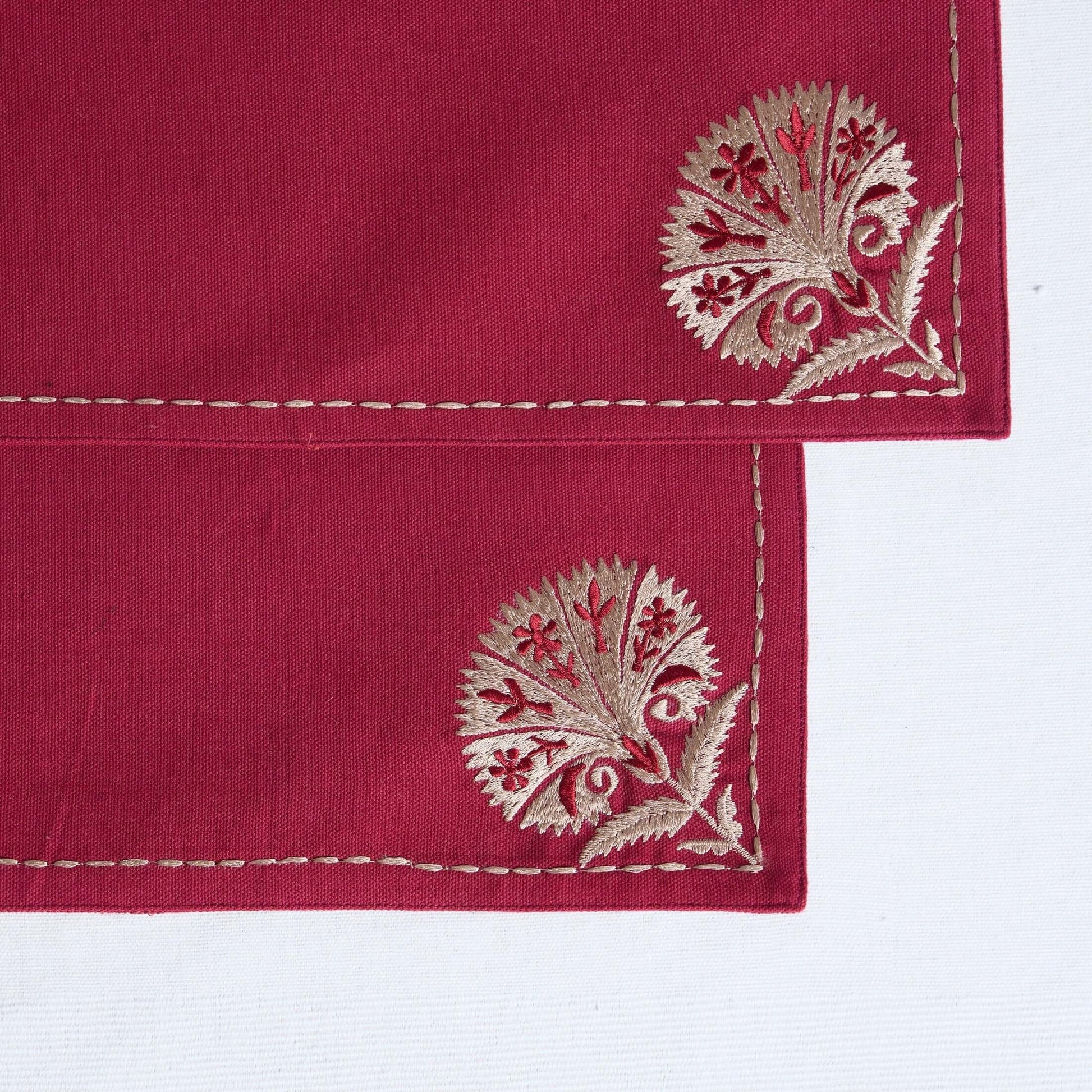 Maroon Suzani Embroidered Cotton Table Mat Set – Floral Elegance