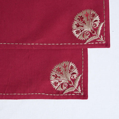 Maroon Suzani Embroidered Cotton Table Mat Set – Floral Elegance