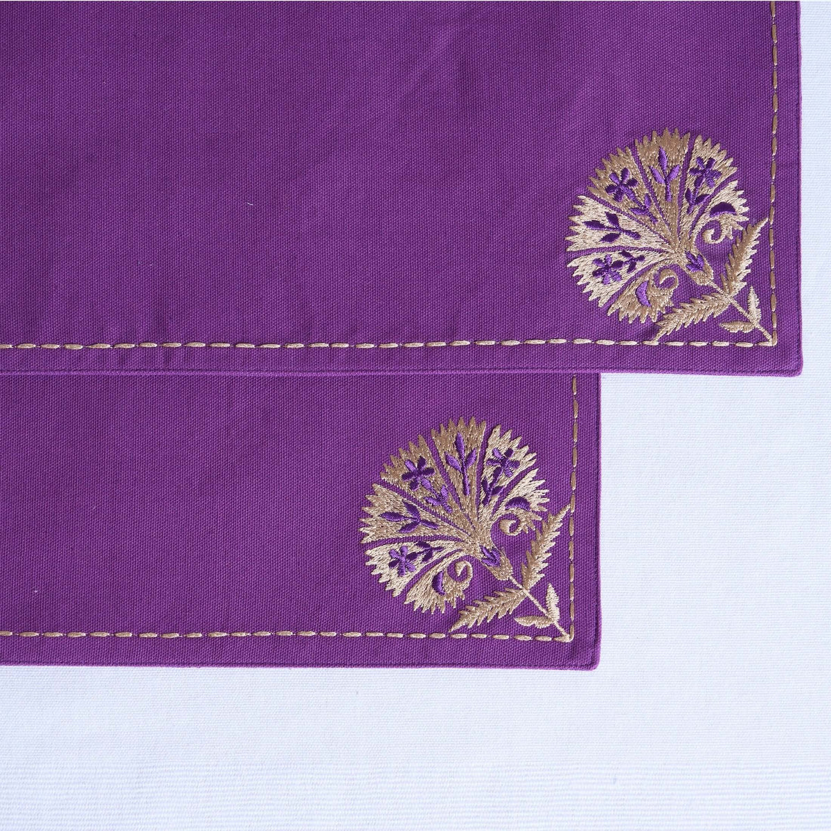Kashidakaari Plum Placemat | Embroidered Suzani Floral Pattern | 100% Cotton