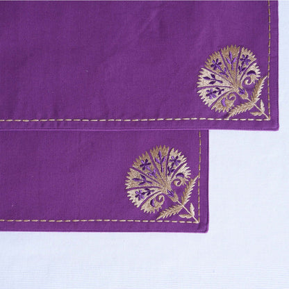 Kashidakaari Plum Placemat | Embroidered Suzani Floral Pattern | 100% Cotton