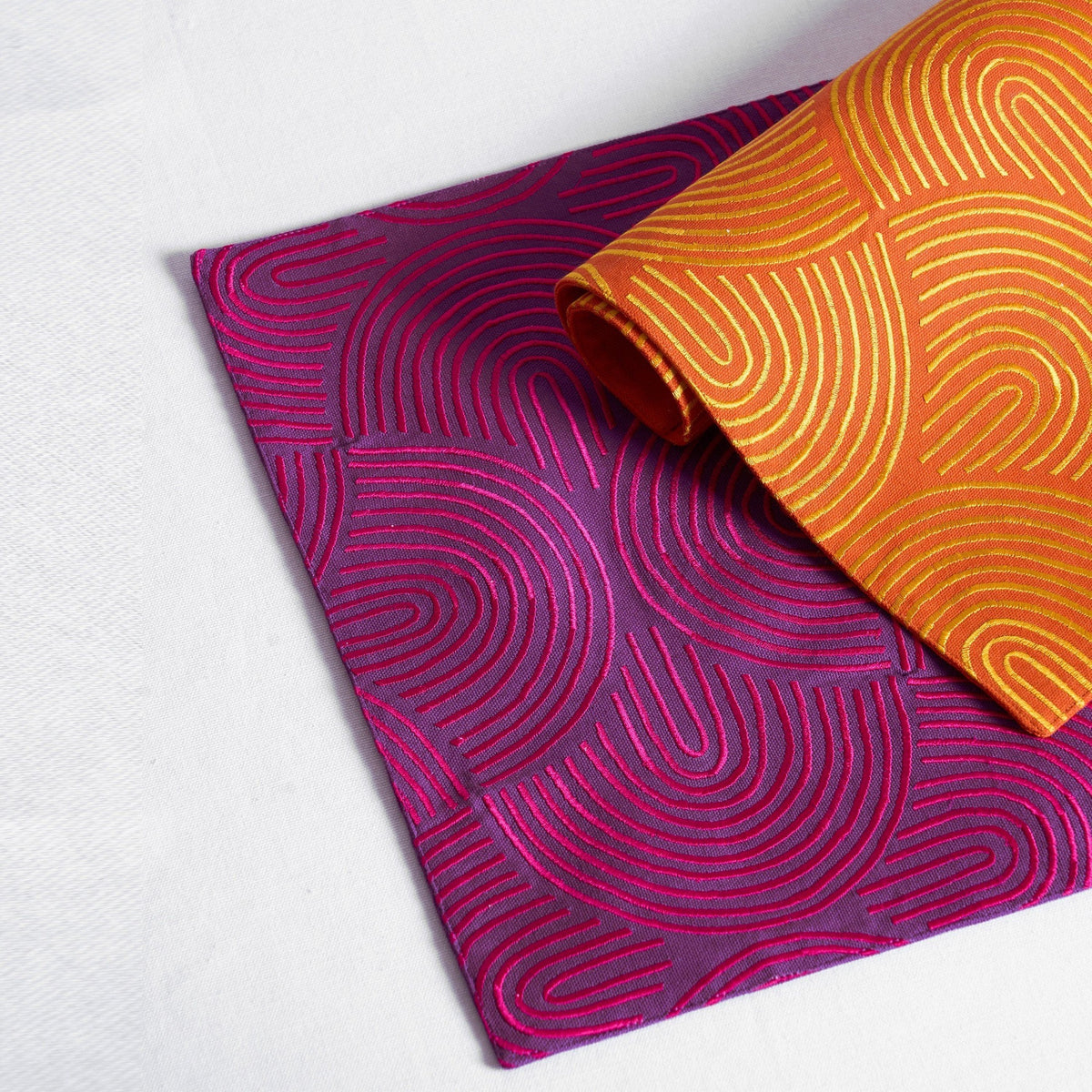 Kashidakaari Plum Placemat | Modern Retro Geometric Embroidery | 100% Cotton