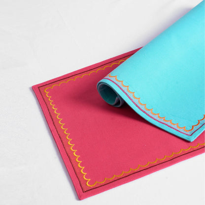 Kashidakaari Turquoise Placemat | Embroidered Scallop Border | Suzani-Inspired | 100% Cotton
