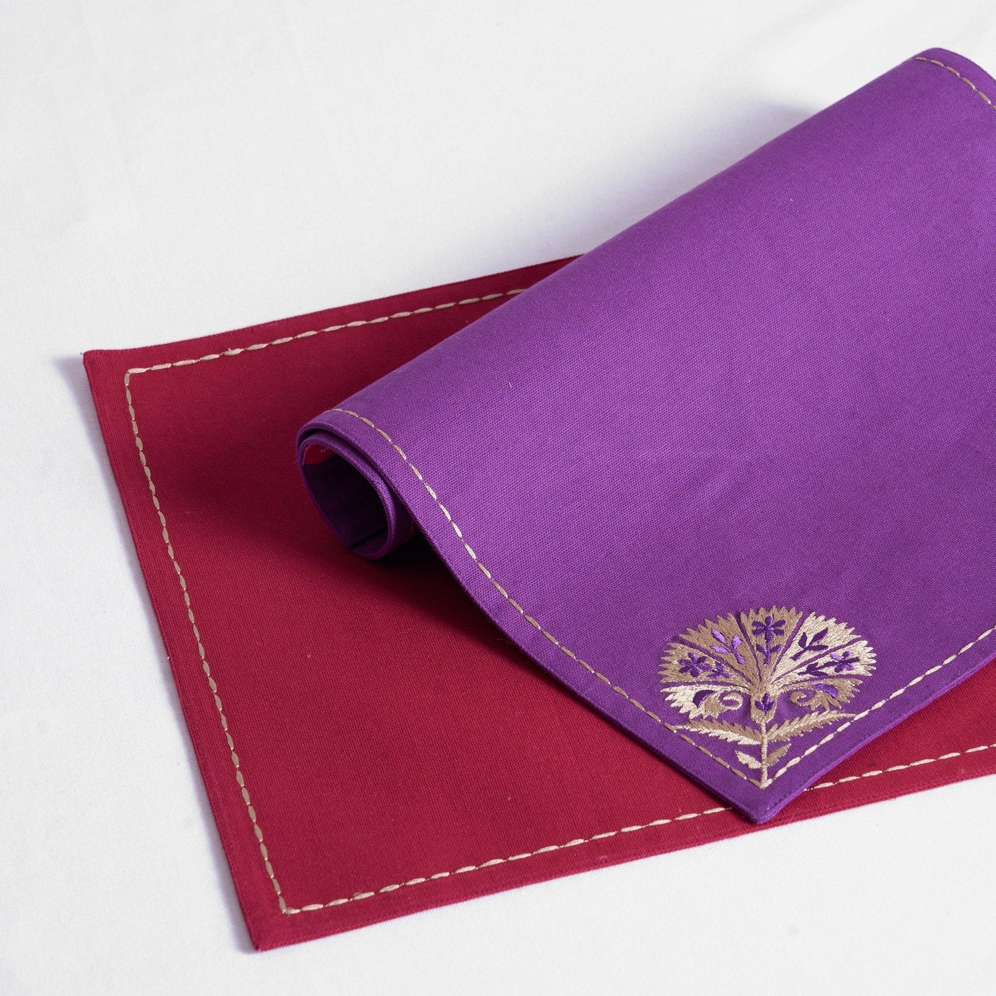 Premium Handcrafted Plum Embroidered Suzani Floral Placemat Set