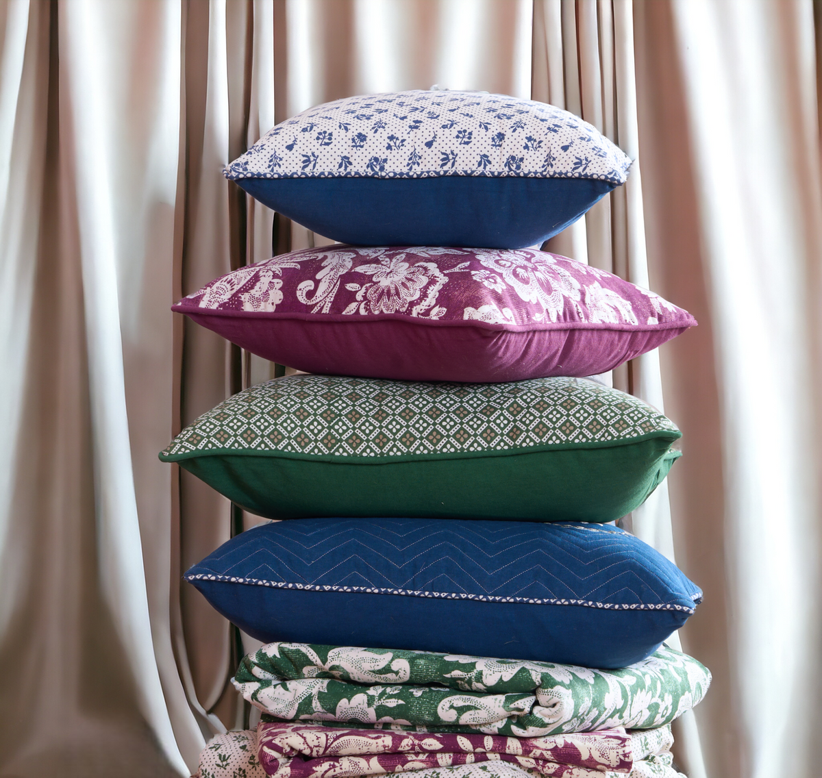 Indigo Dominoterie Embroidered Cotton Cushion Cover | Chevron & Rose Motif | Dori Piping | Multiple Sizes