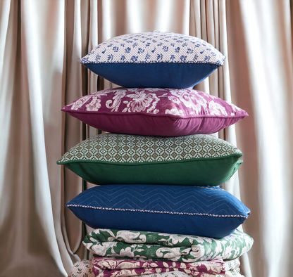 Indigo Dominoterie Embroidered Cotton Cushion Cover | Chevron & Rose Motif | Dori Piping | Multiple Sizes