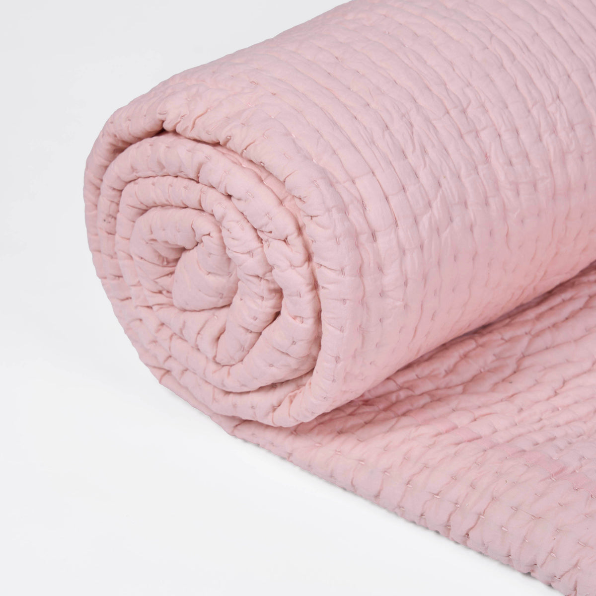 Salmon Pink Kantha Quilt Bed Set | Stripe Pattern | 100% Cotton Voile | Handmade