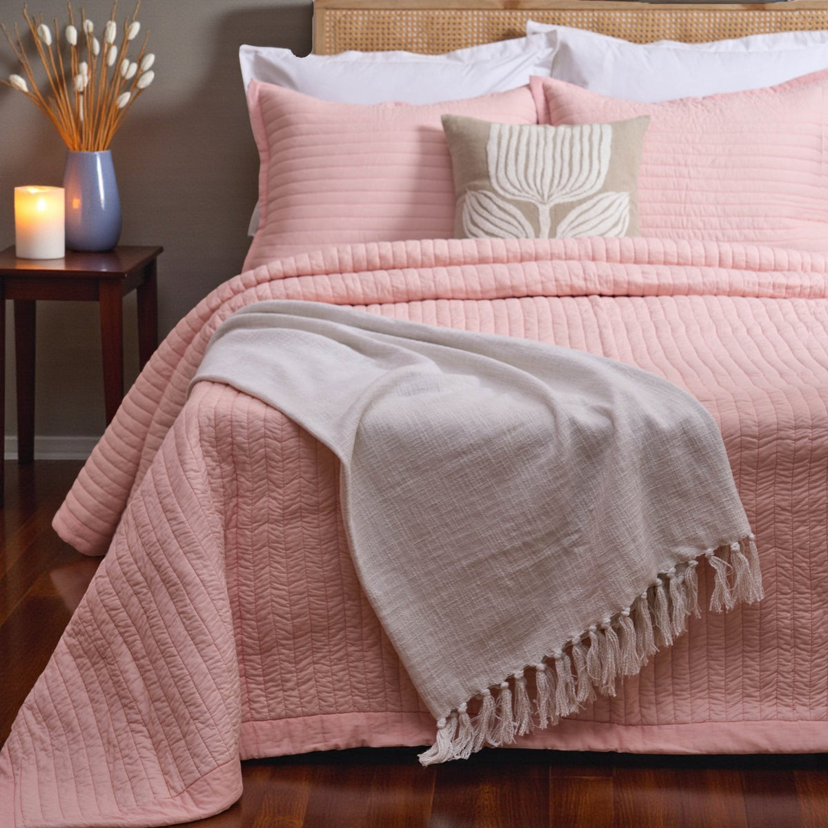 SALMON PINK cotton Quilt with stripe quilting and border, Sizes available