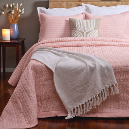 SALMON PINK cotton Quilt with stripe quilting and border, Sizes available