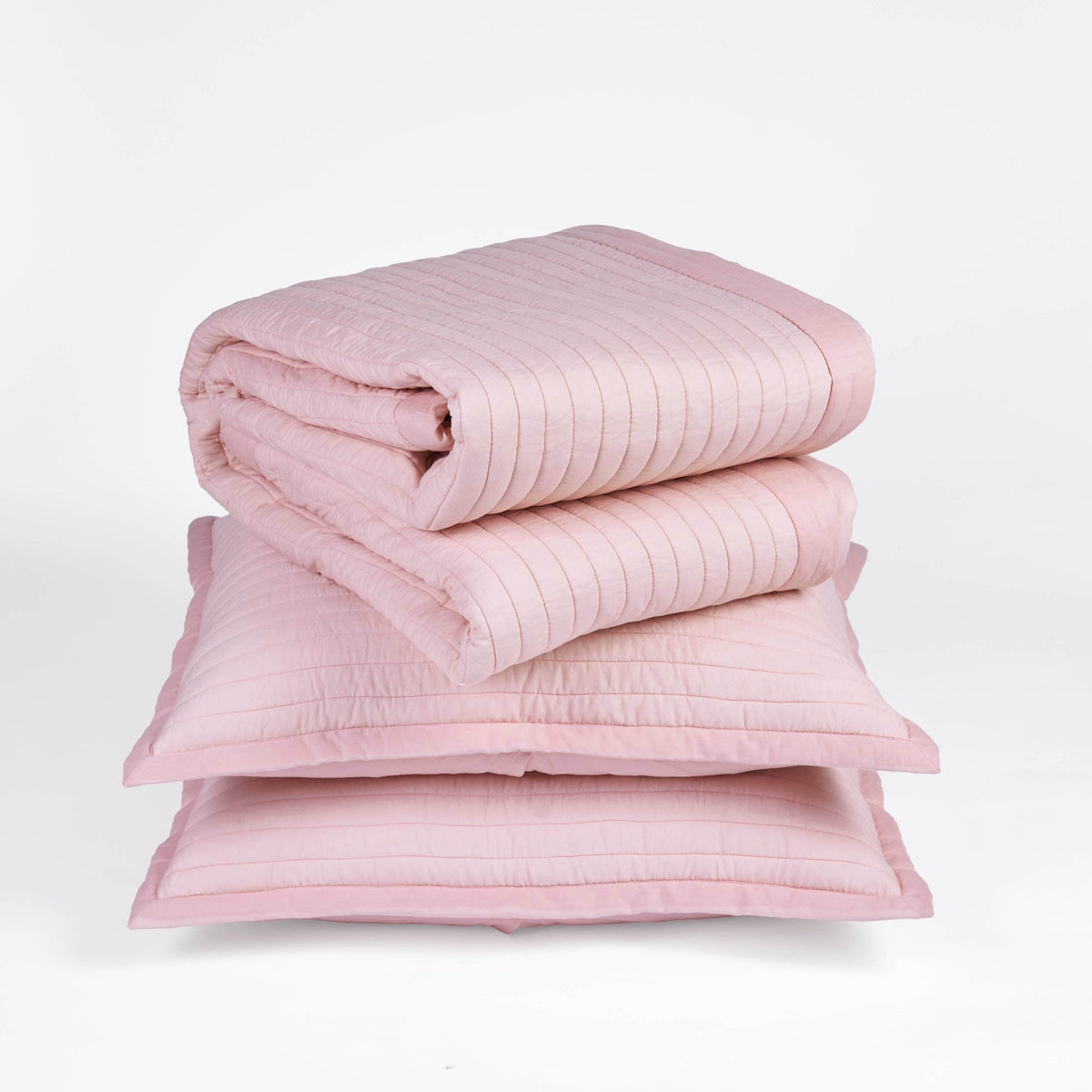 Salmon Pink Kantha Quilt Bed Set | Stripe Quilting with Border | 100% Cotton | Handmade