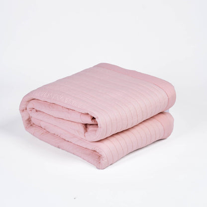 Salmon Pink Kantha Quilt Bed Set | Stripe Quilting with Border | 100% Cotton | Handmade