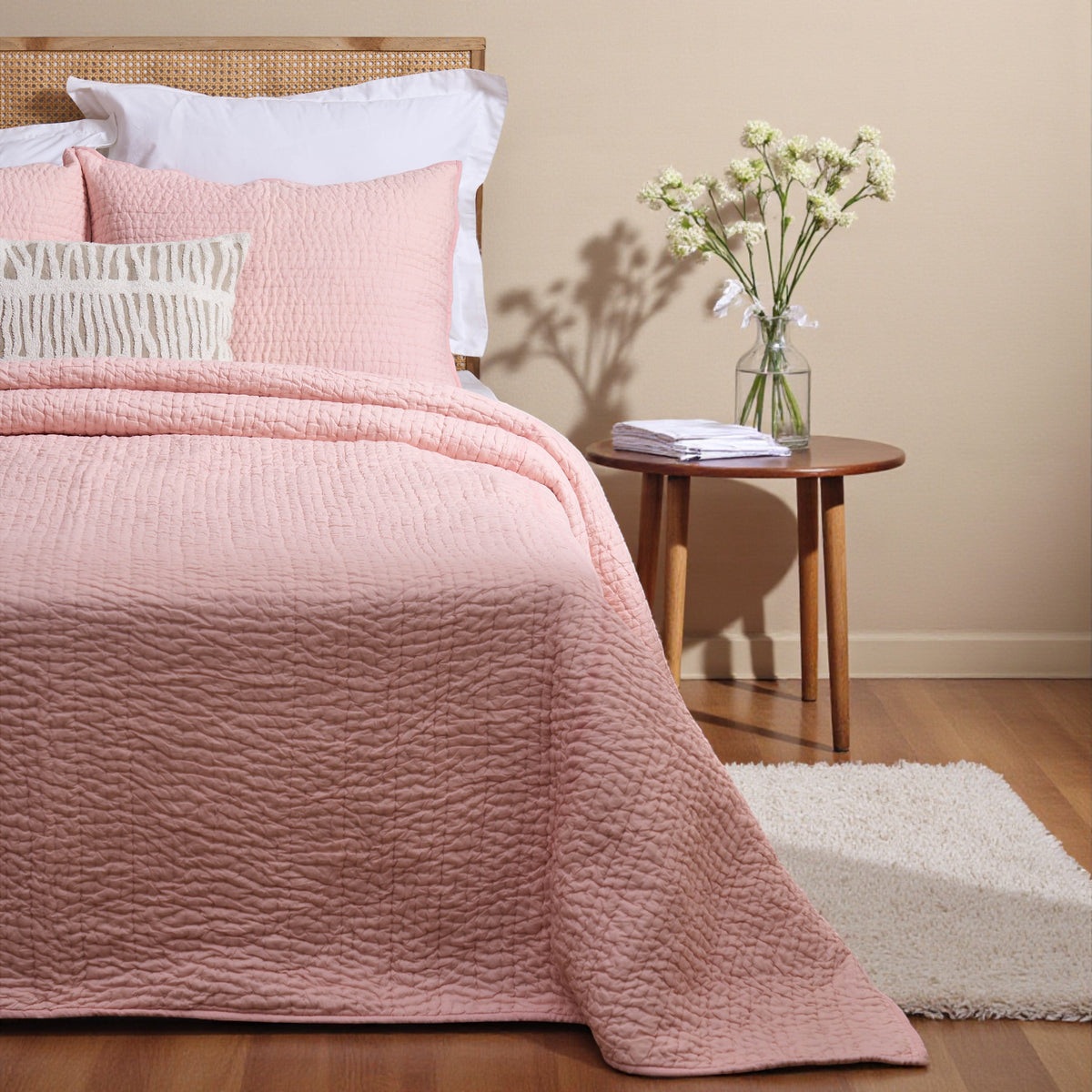 Salmon Pink Kantha Quilt Bed Set | Stripe Pattern | 100% Cotton Voile | Handmade