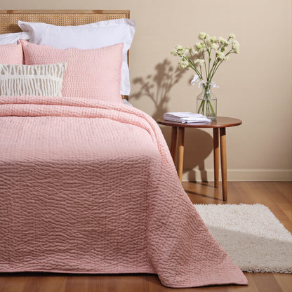 Salmon Pink Kantha Quilt Bed Set | Stripe Pattern | 100% Cotton Voile | Handmade